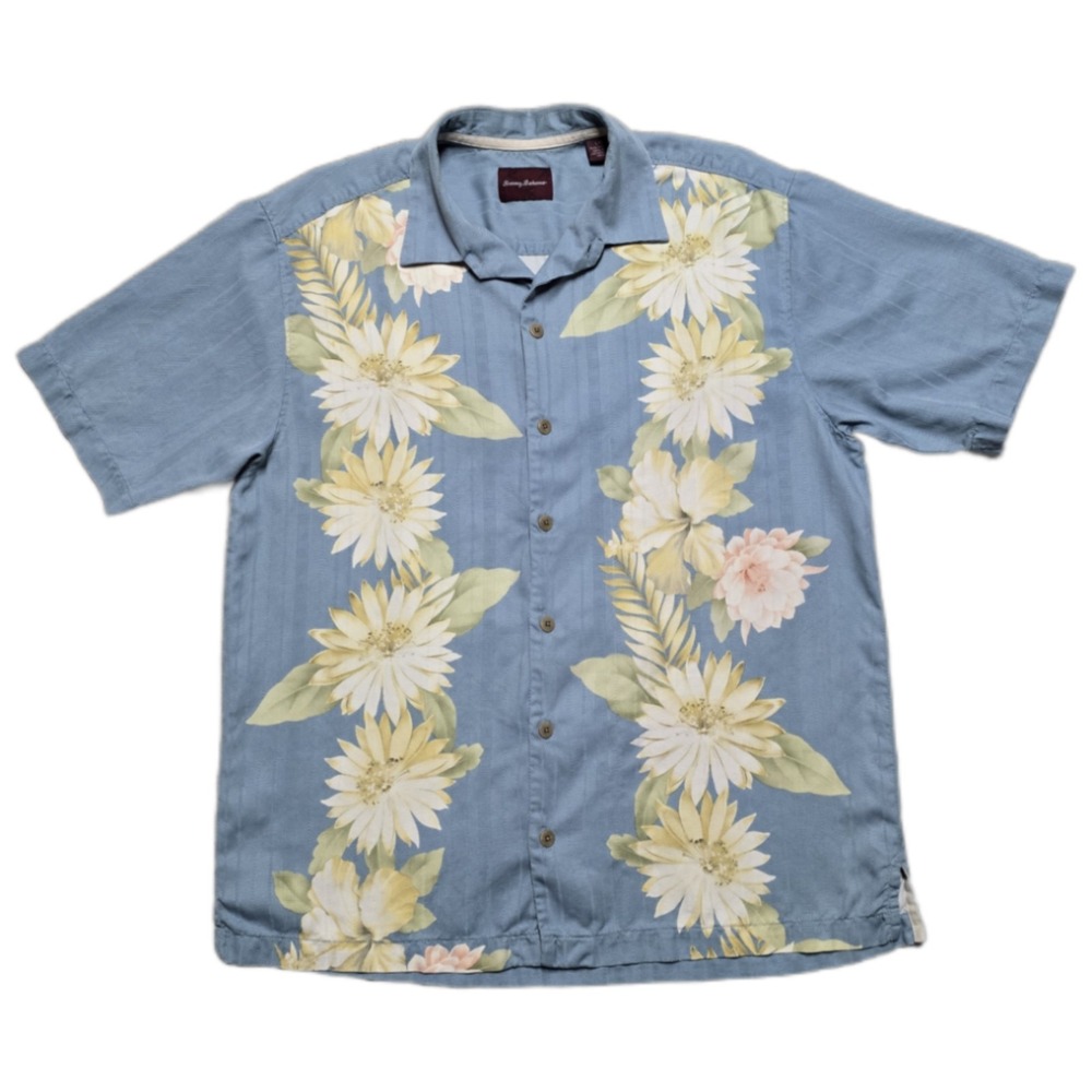 Tommy Bahama Floral Herringbone Button Up Camp‎ Shirt Mens L 100% Silk Aqua